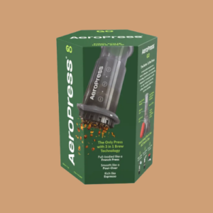 AeroPress Go coffee maker package on an orange background