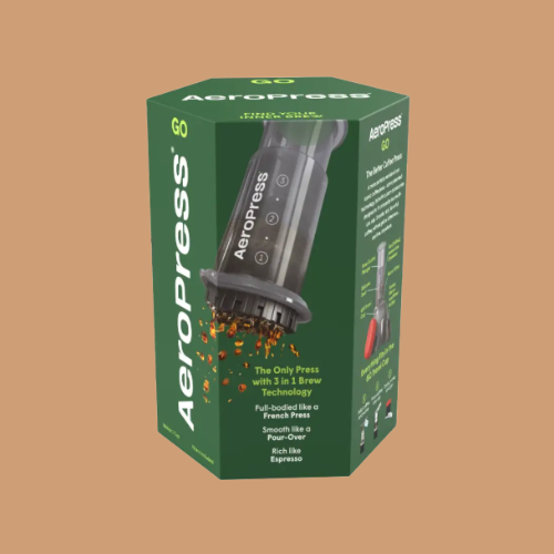 AeroPress Go coffee maker package on an orange background