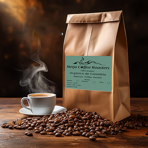 Animated image of Organic Colombia specialty coffee bag with beans in front, roasted by Nerja Coffee Roasters