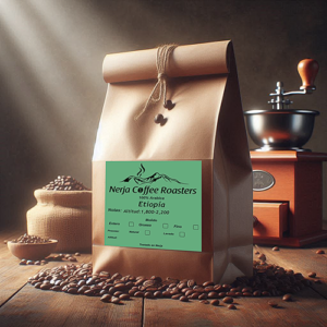 Animated image of Ethiopia specialty coffee bag with beans in front, roasted by Nerja Coffee Roasters