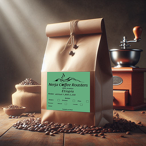 Animated image of Ethiopia specialty coffee bag with beans in front, roasted by Nerja Coffee Roasters