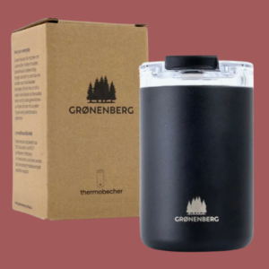 Gronenberg Thermal Mug package and mug made from 90% recycled stainless steel on a red background
