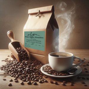 Animated image of Organic Guatemala specialty coffee bag with beans in front, roasted by Nerja Coffee Roasters