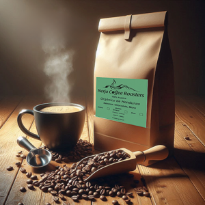 Animated image of Organic Honduras specialty coffee bag with beans in front, roasted by Nerja Coffee Roasters