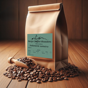 Animated image of Indonesia specialty coffee bag with beans in front, roasted by Nerja Coffee Roasters