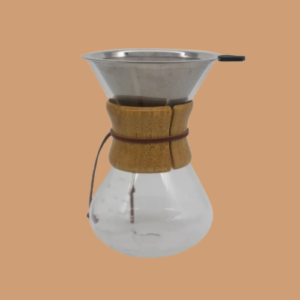 Livorno glass jug with stainless steel permanent filter on a beige background