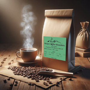 Animated image of Organic Mexico decaffeinated coffee bag with beans in front, roasted by Nerja Coffee Roasters