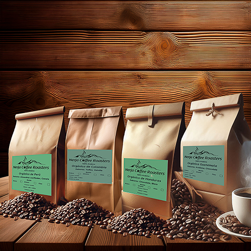 Animated image of a selection of specialty coffee bags with beans in front, roasted by Nerja Coffee Roasters