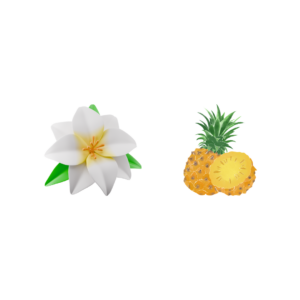 animation of a jasmin flower and a sliced pineapple leaning against an uncut pineapple on a white background