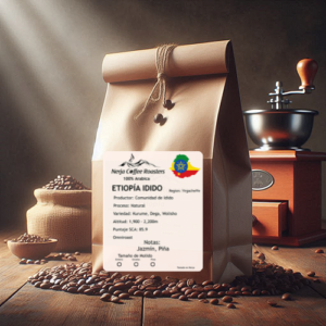 Animation of a coffee bag on a table with a wooden scoop and coffee beans in front of the bag