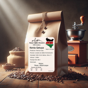Animation of a coffee bag on a table with a wooden scoop and coffee beans in front of the bag
