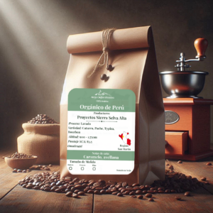 Animation of coffee bag of our organic peruvian coffee. With a coffee sack, antique grinder and coffee beans in front of the bag on a wooden surface