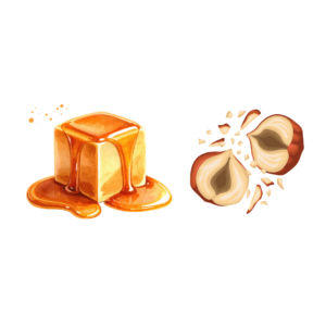 Animation of caramel and a sliced open hazelnut on a white background