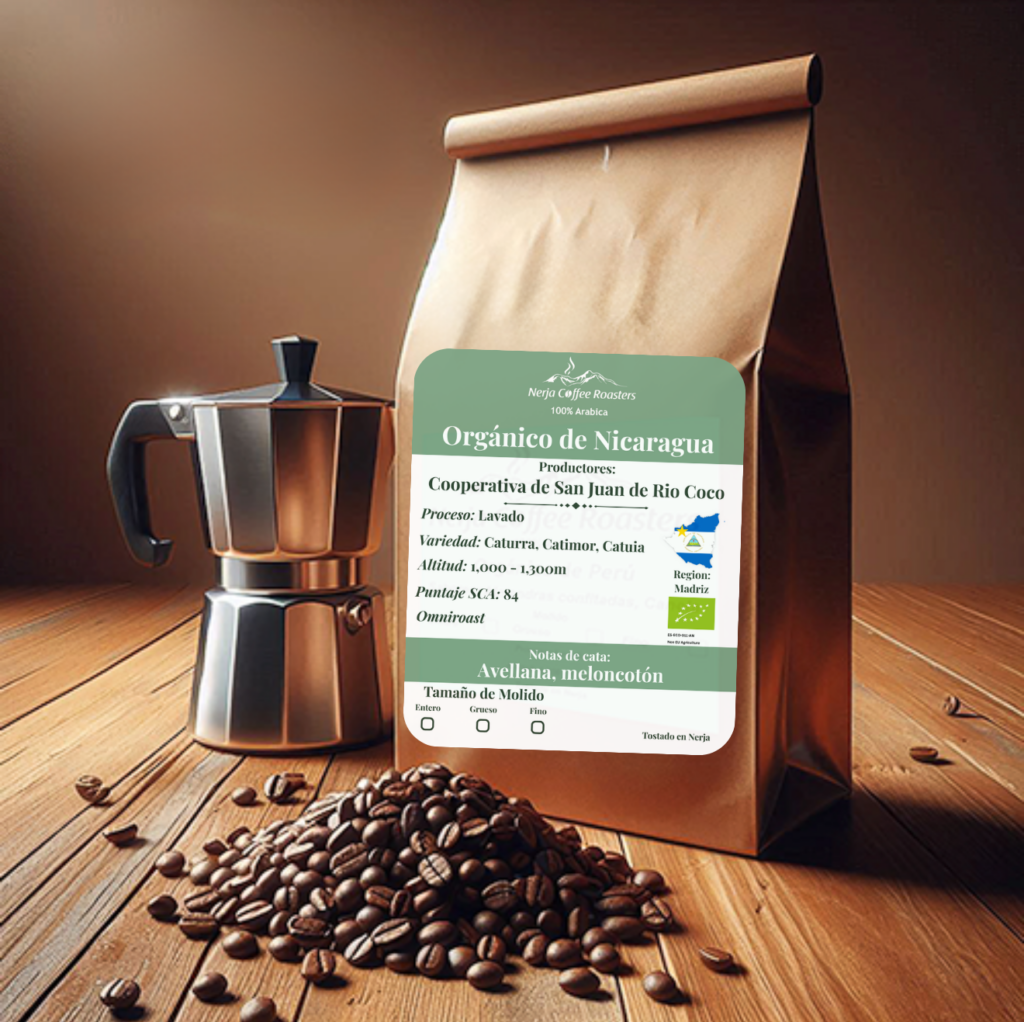 Animation of a bag of organic nicaragua coffee, with loose coffee beans and a Moka pot on a wooden table