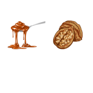 animation of dulce de leche dripping from a spoon and two walnuts.